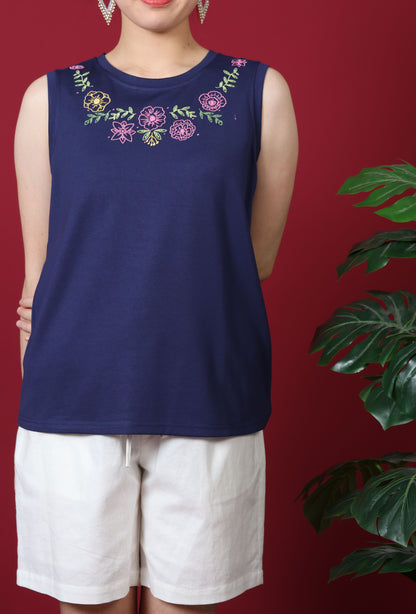 Neckline Floral Embroidery Sleeveless Top