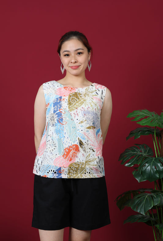 Boat Neck With Floral Print Sleeveless Top