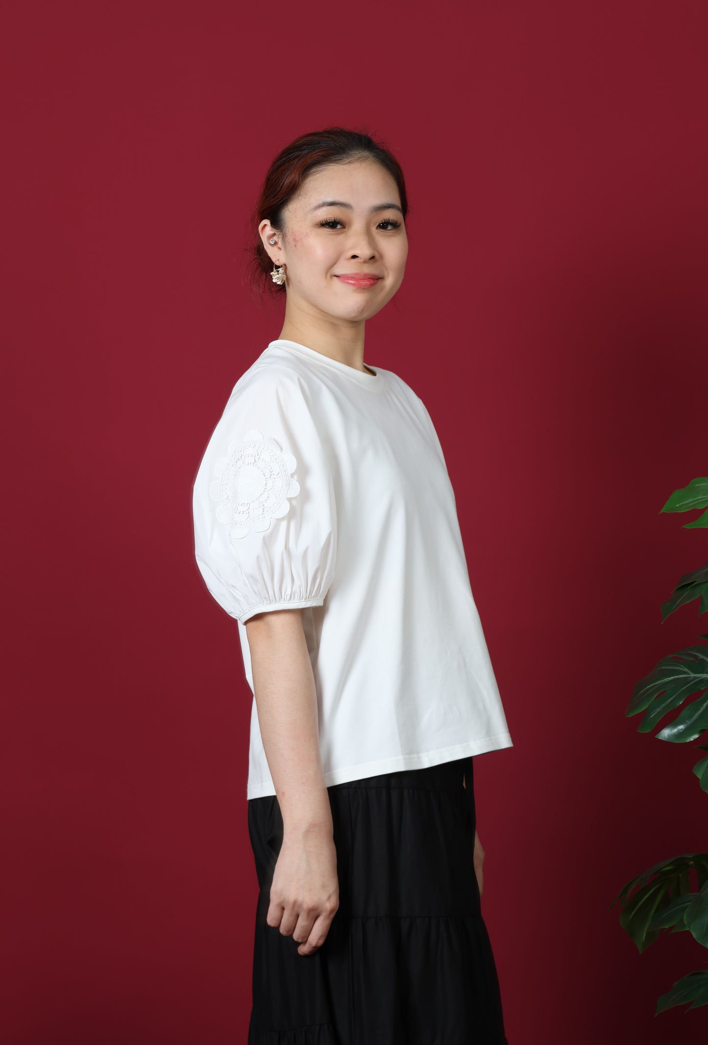 Round Neck With Patch Lace Puff Sleeve Top