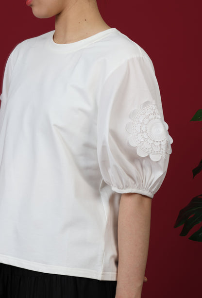 Round Neck With Patch Lace Puff Sleeve Top