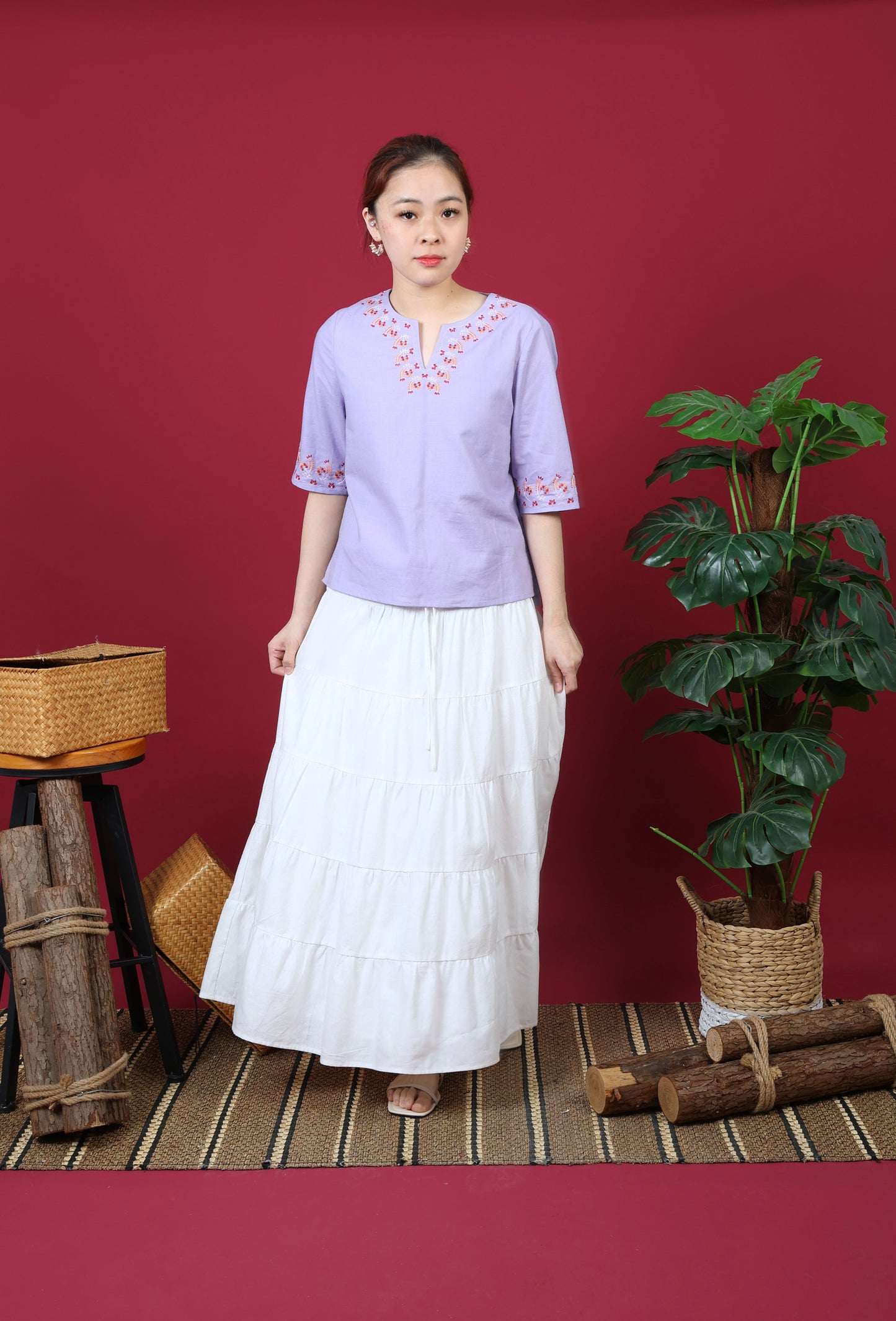 Boat Neck With Floral Embroidery 3/4 Sleeve Top