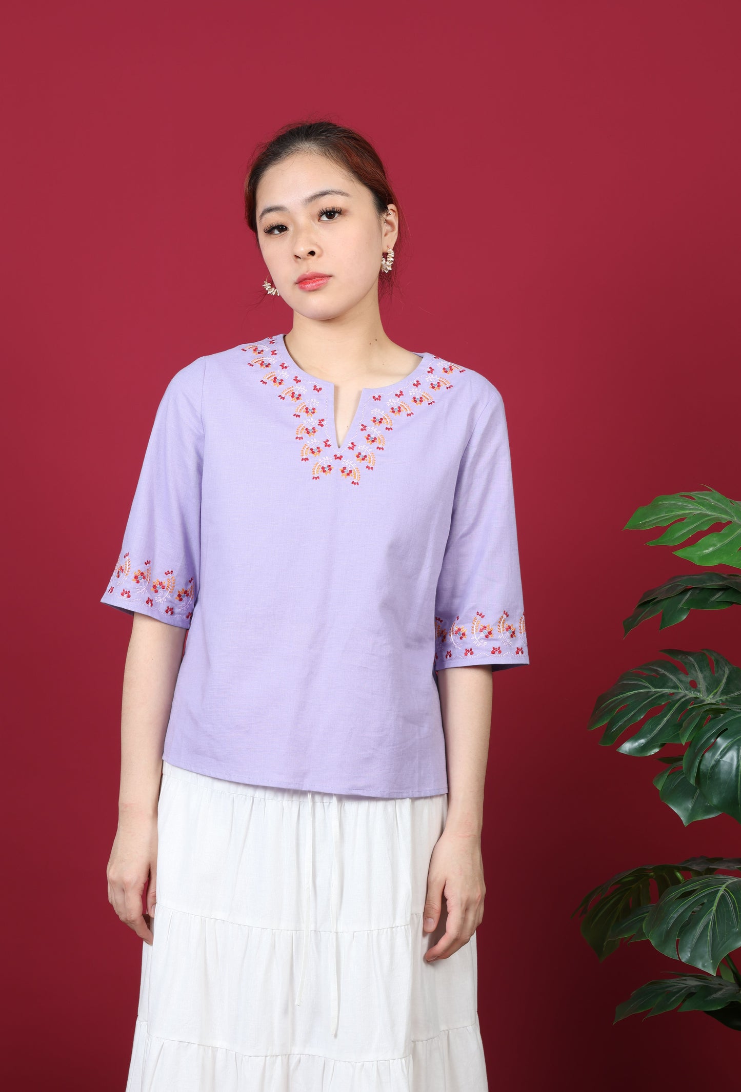 Boat Neck With Floral Embroidery 3/4 Sleeve Top
