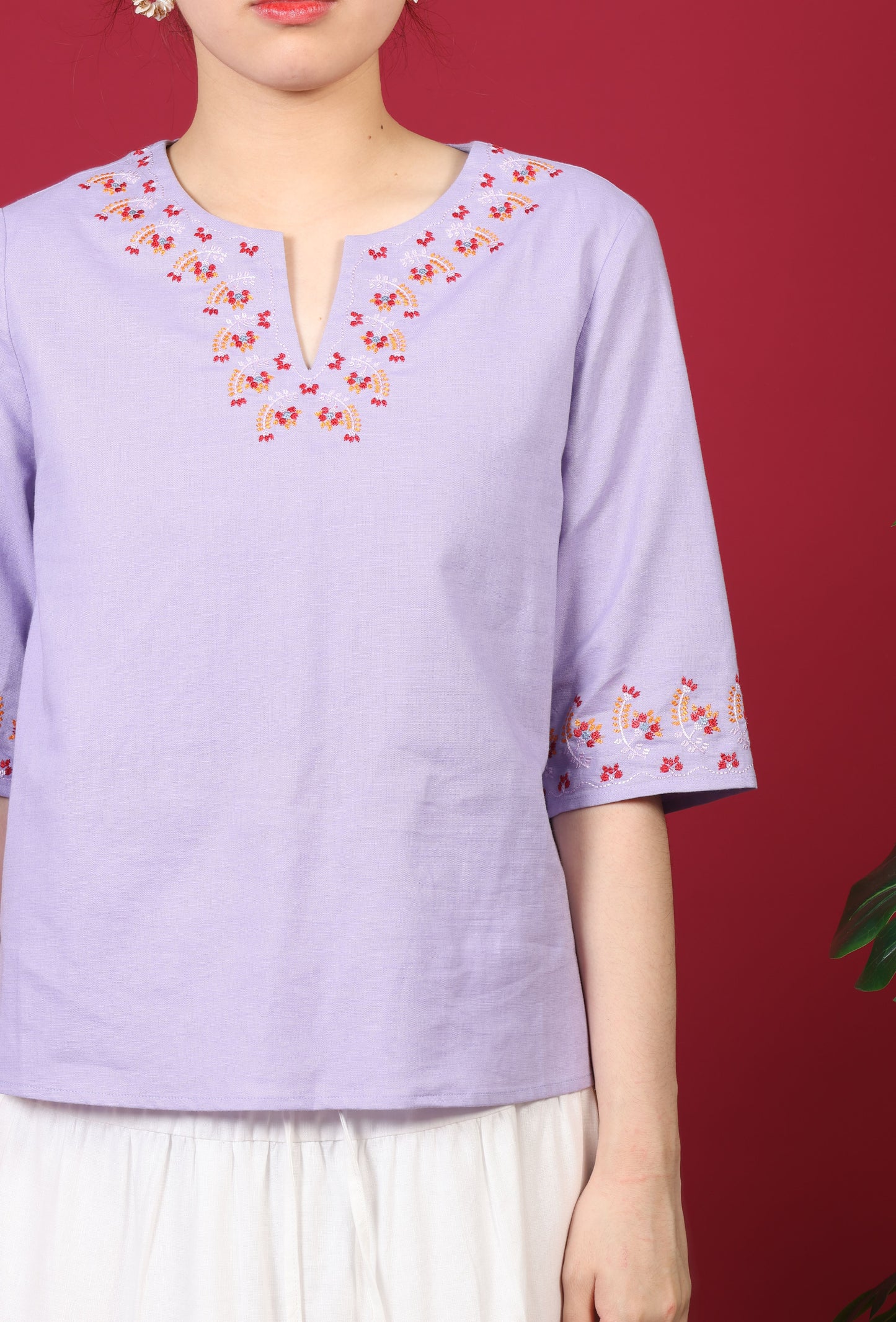 Boat Neck With Floral Embroidery 3/4 Sleeve Top