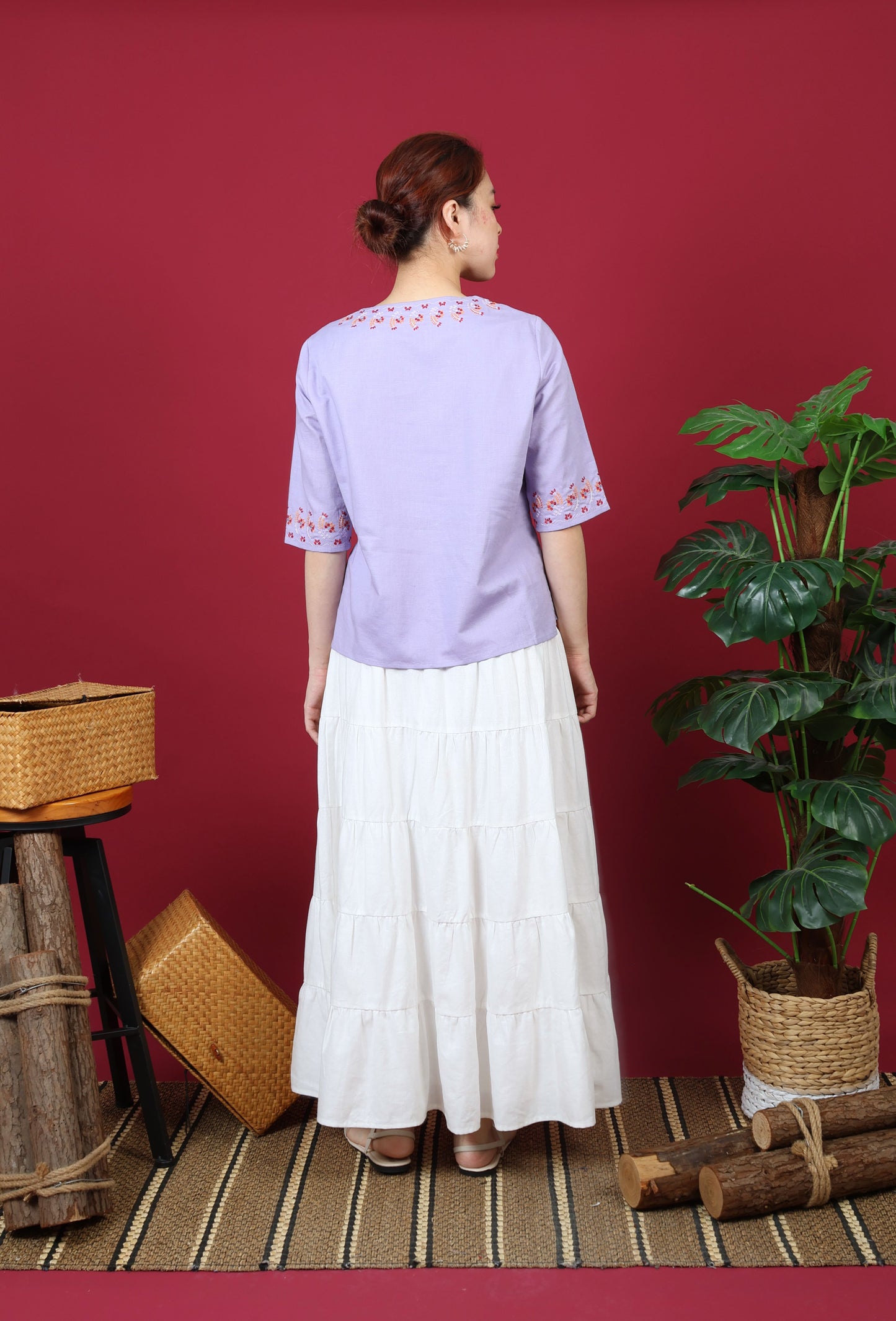 Boat Neck With Floral Embroidery 3/4 Sleeve Top