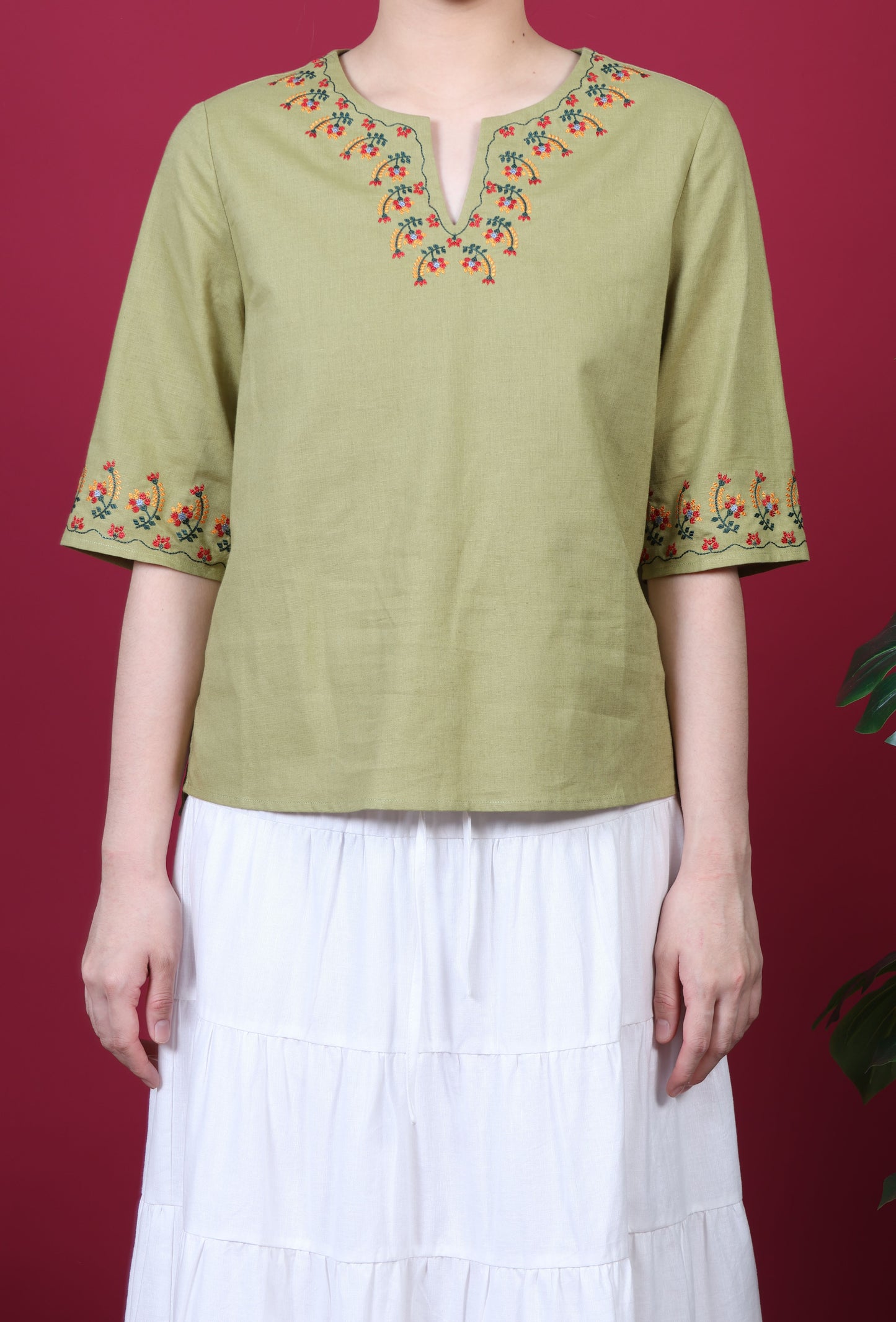 Boat Neck With Floral Embroidery 3/4 Sleeve Top