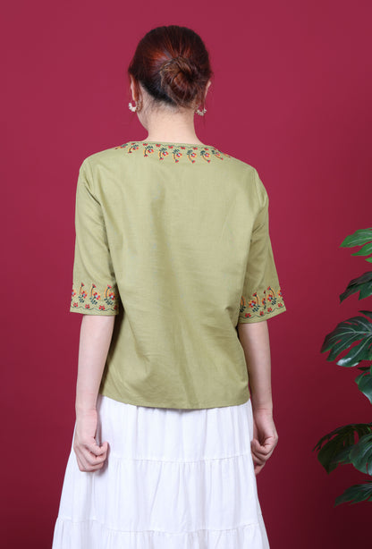 Boat Neck With Floral Embroidery 3/4 Sleeve Top