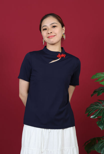 Chest Cutout Mandarin Collar Top