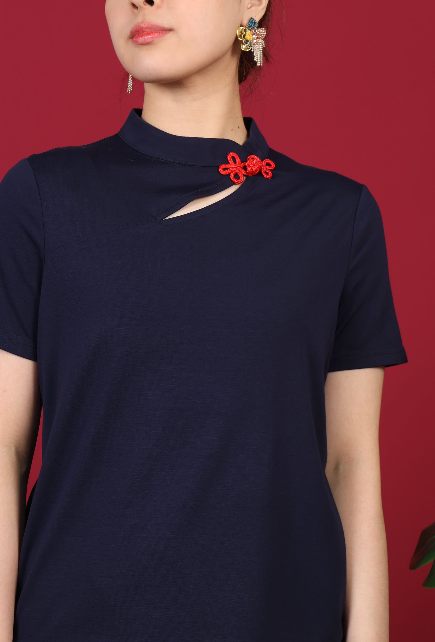 Chest Cutout Mandarin Collar Top