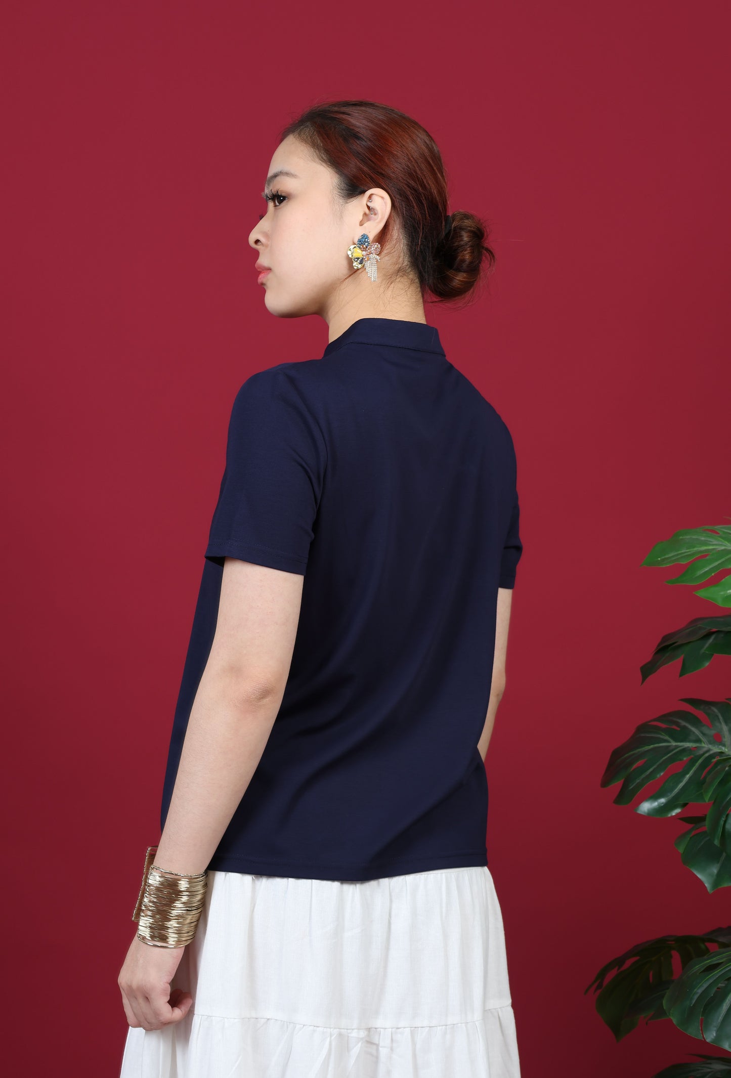 Chest Cutout Mandarin Collar Top