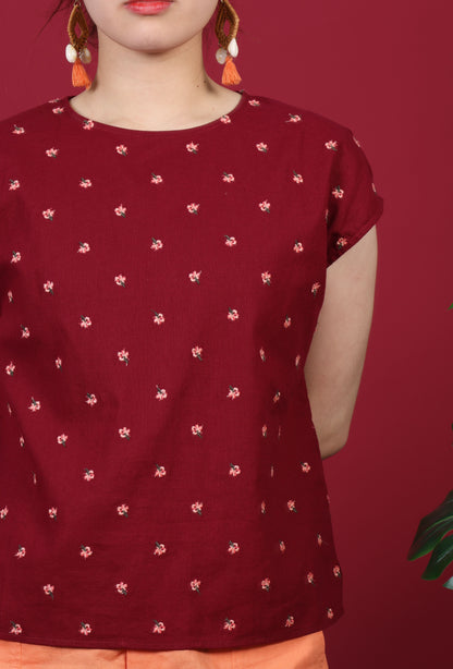 Floral Embroidered Capped Sleeve Top