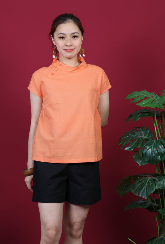 Buttoned Collar Capped Sleeves Top