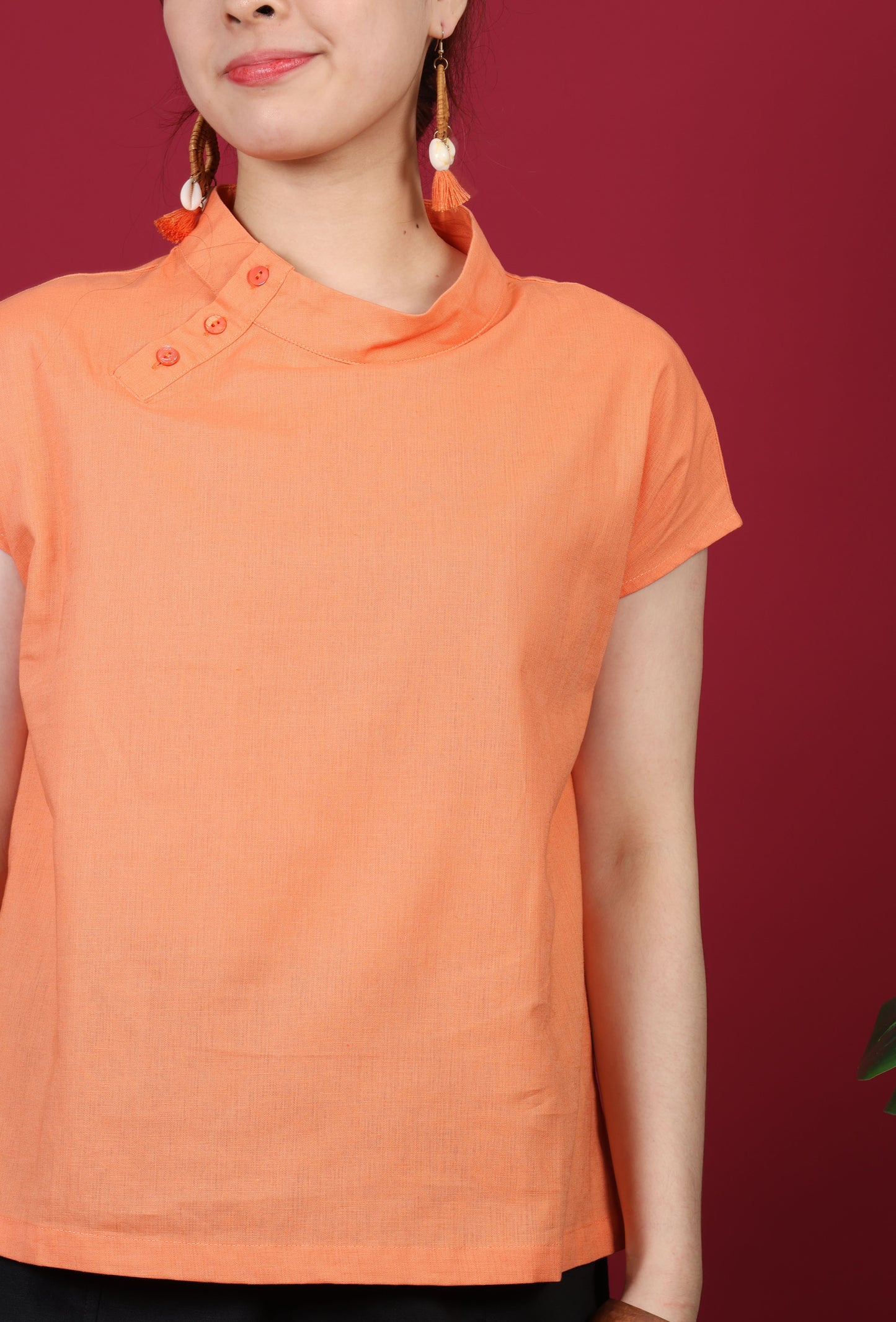 Buttoned Collar Capped Sleeves Top