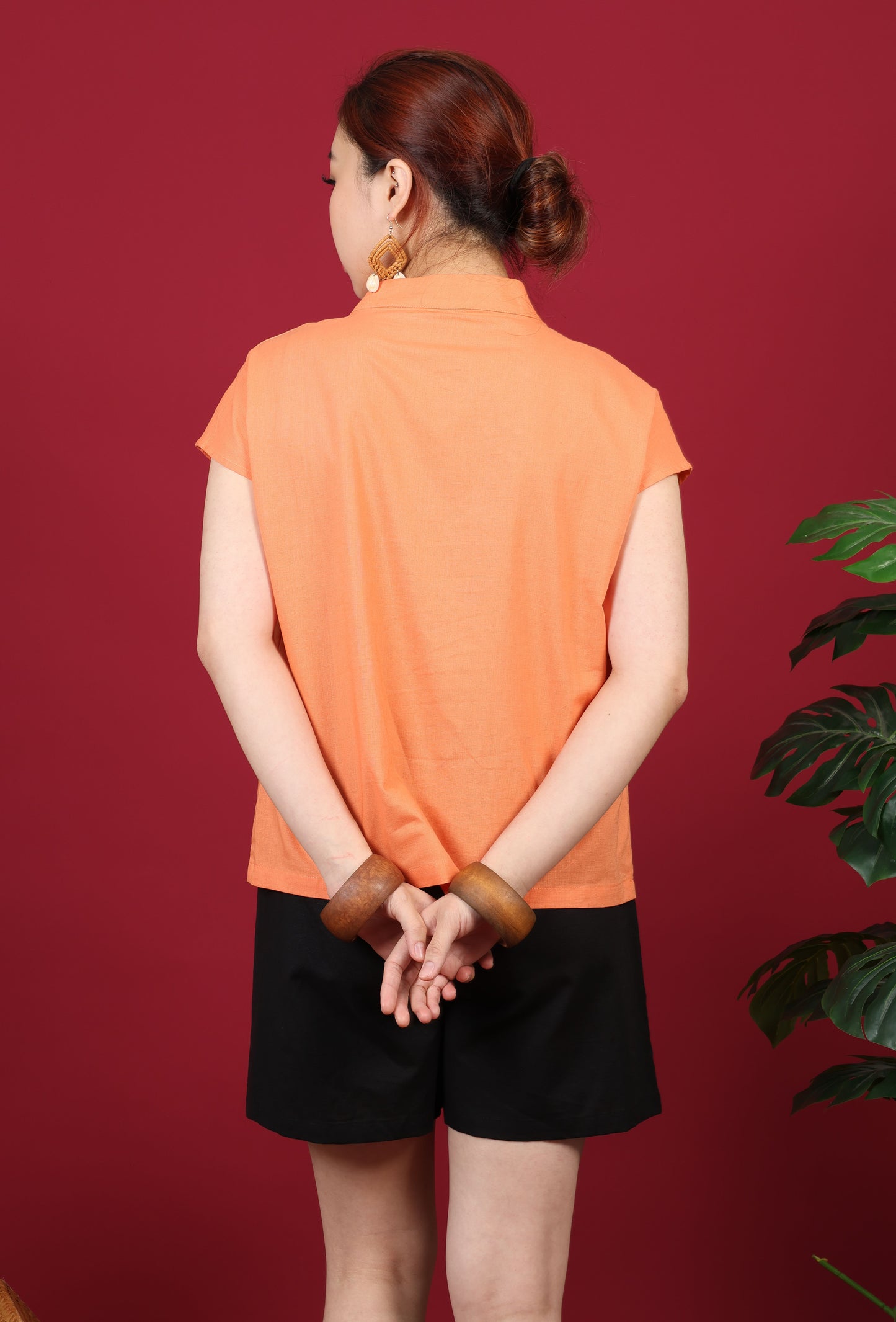 Buttoned Collar Capped Sleeves Top