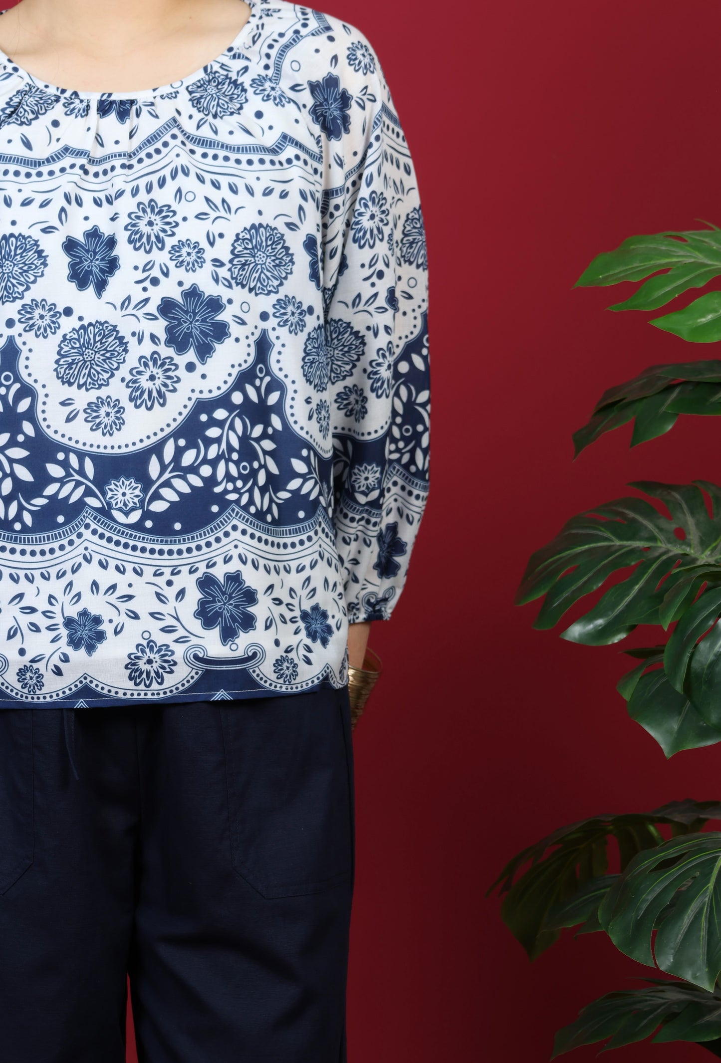 Floral Printed Gathered Neckline Long Sleeve Top