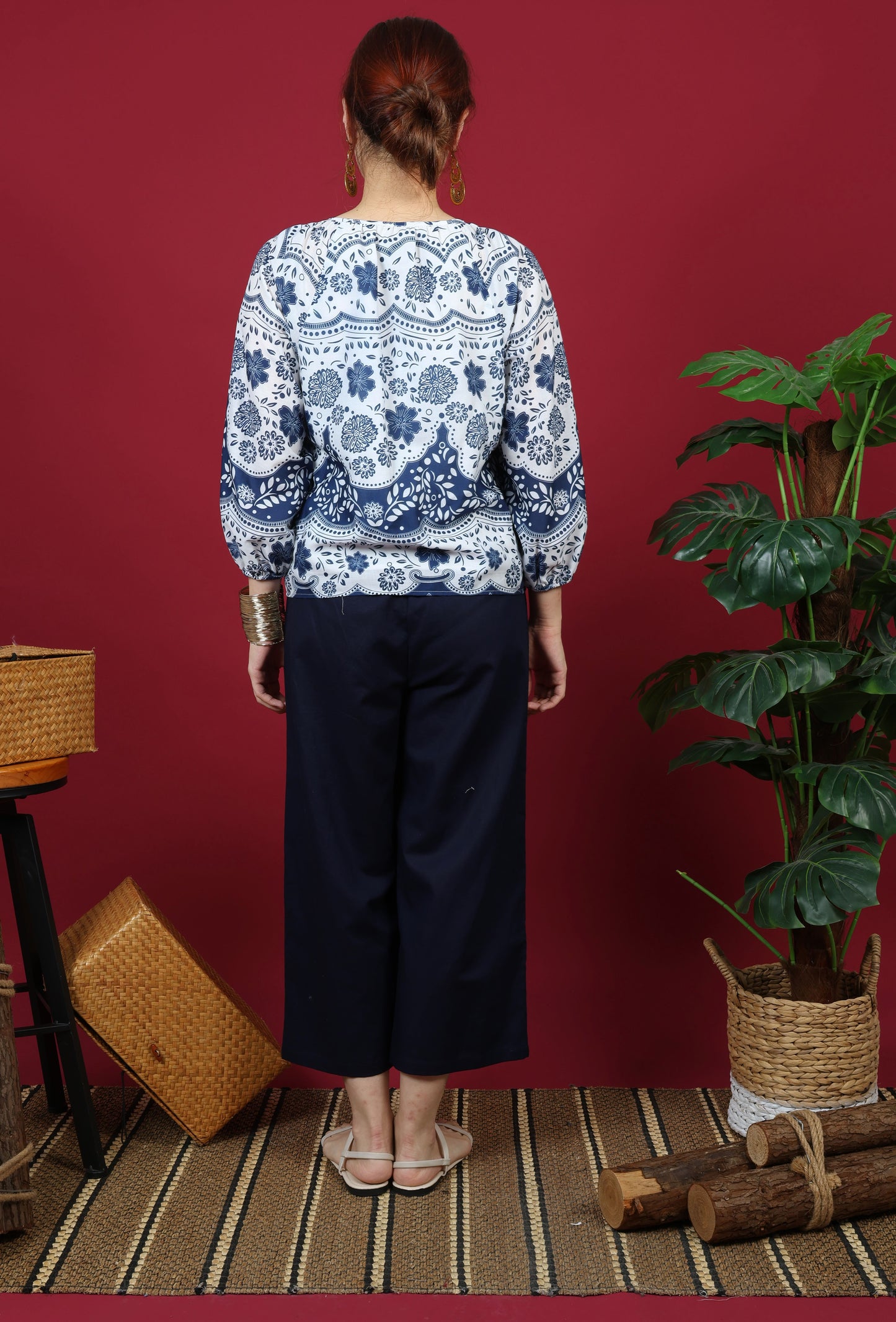 Floral Printed Gathered Neckline Long Sleeve Top