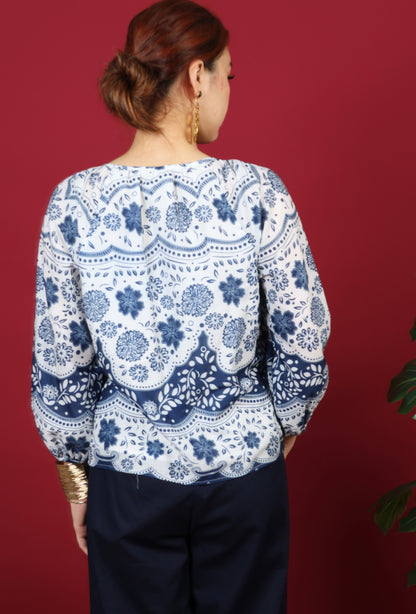 Floral Printed Gathered Neckline Long Sleeve Top