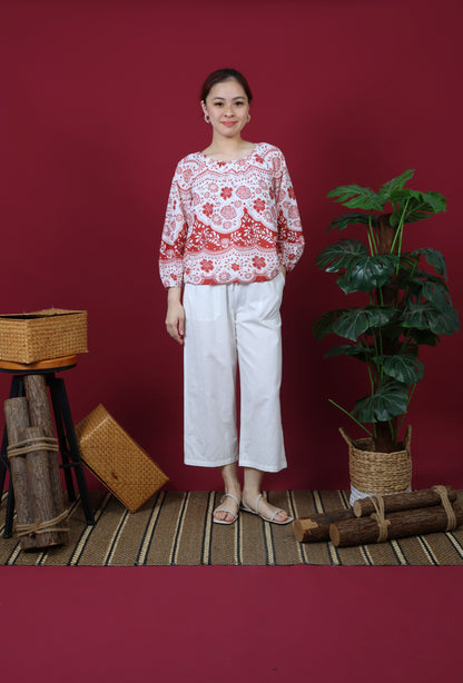Floral Printed Gathered Neckline Long Sleeve Top