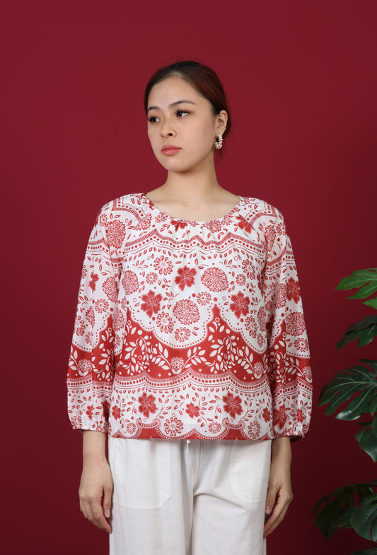 Floral Printed Gathered Neckline Long Sleeve Top