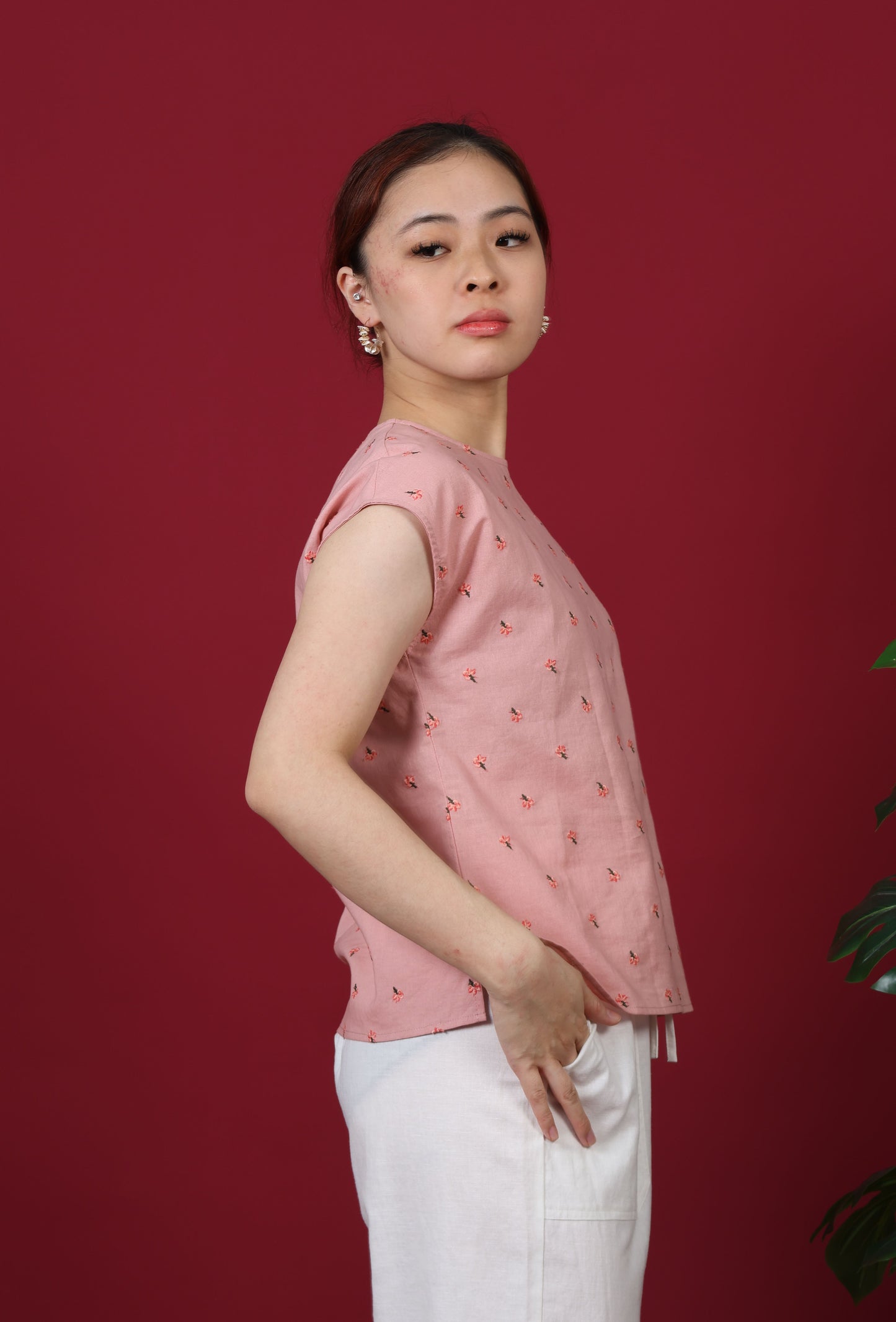 Floral Embroidered Capped Sleeve Top