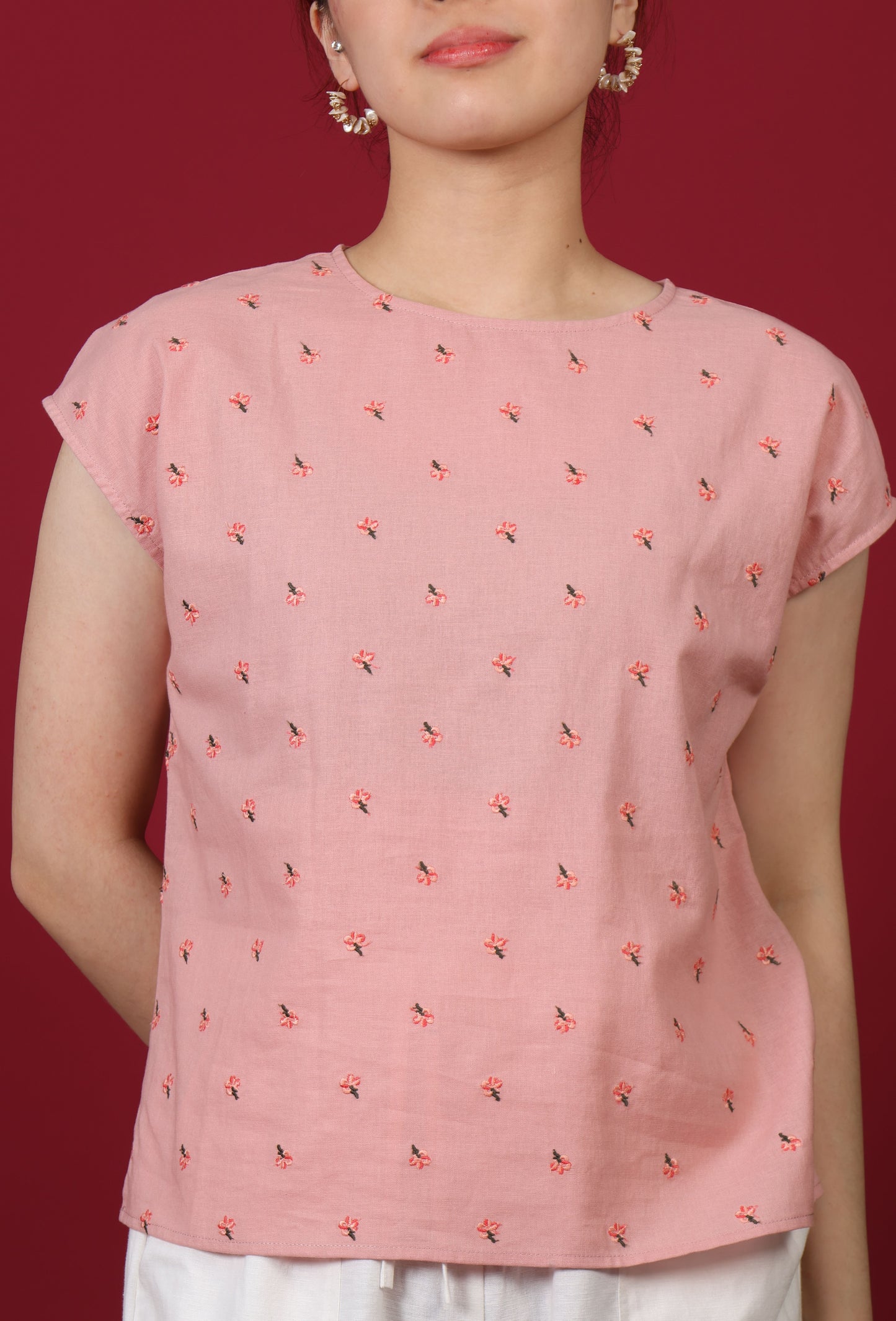 Floral Embroidered Capped Sleeve Top