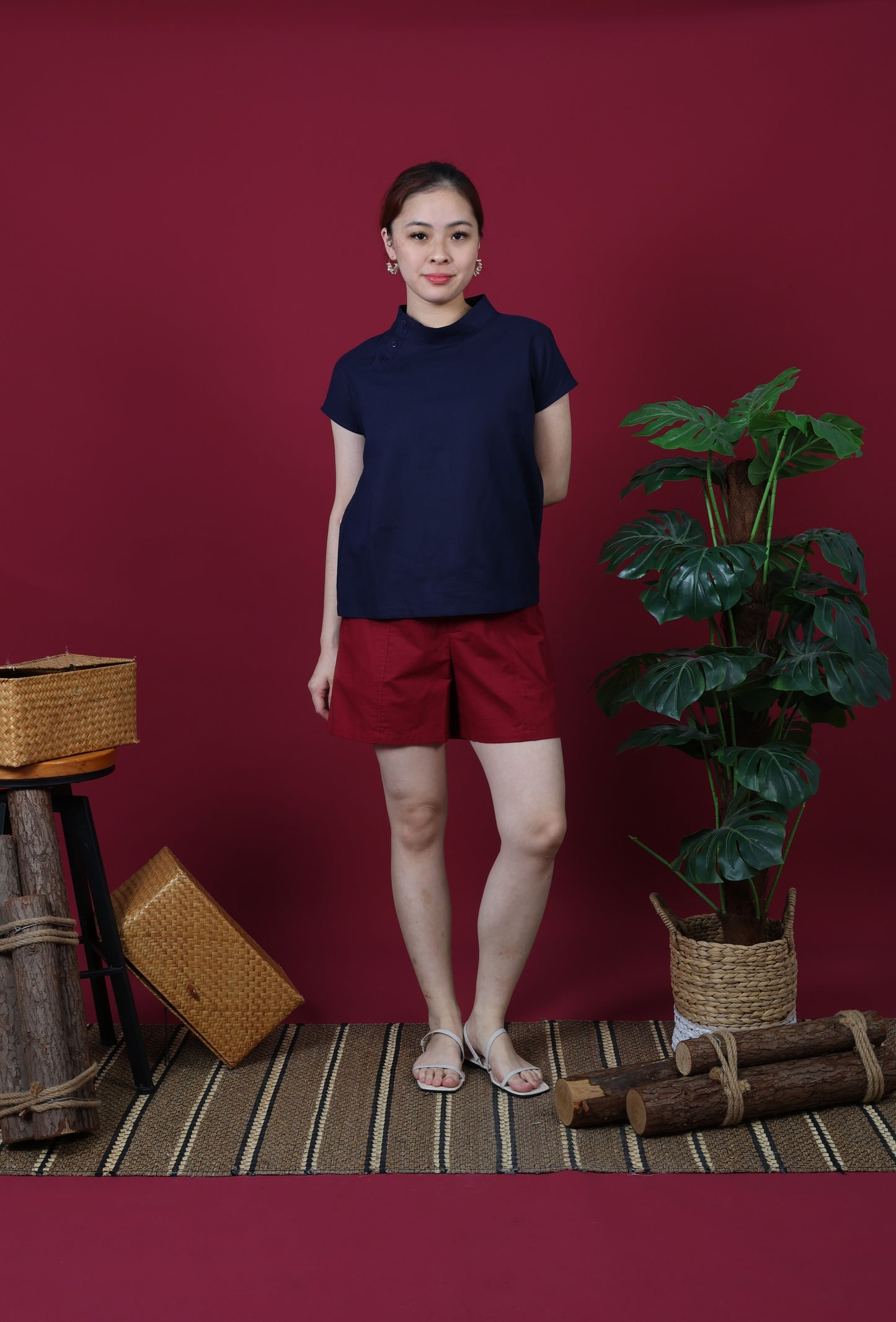 Buttoned Collar Capped Sleeves Top