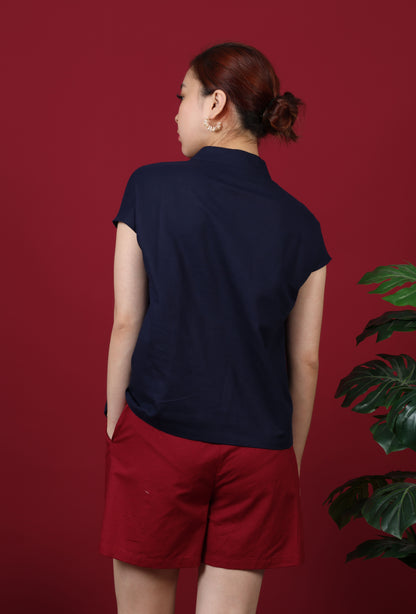 Buttoned Collar Capped Sleeves Top