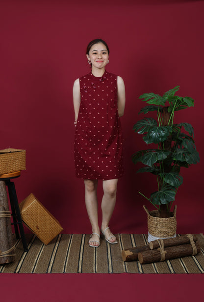 Floral Embroidered Mandarin Collar Mini Dress
