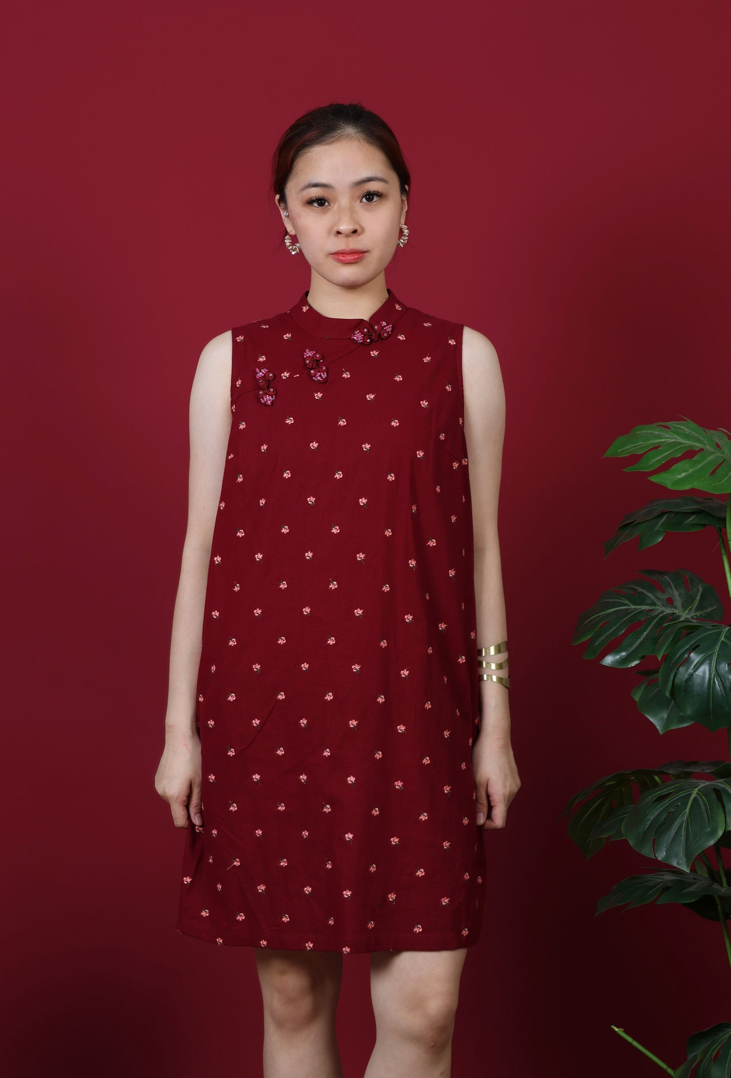 Floral Embroidered Mandarin Collar Mini Dress