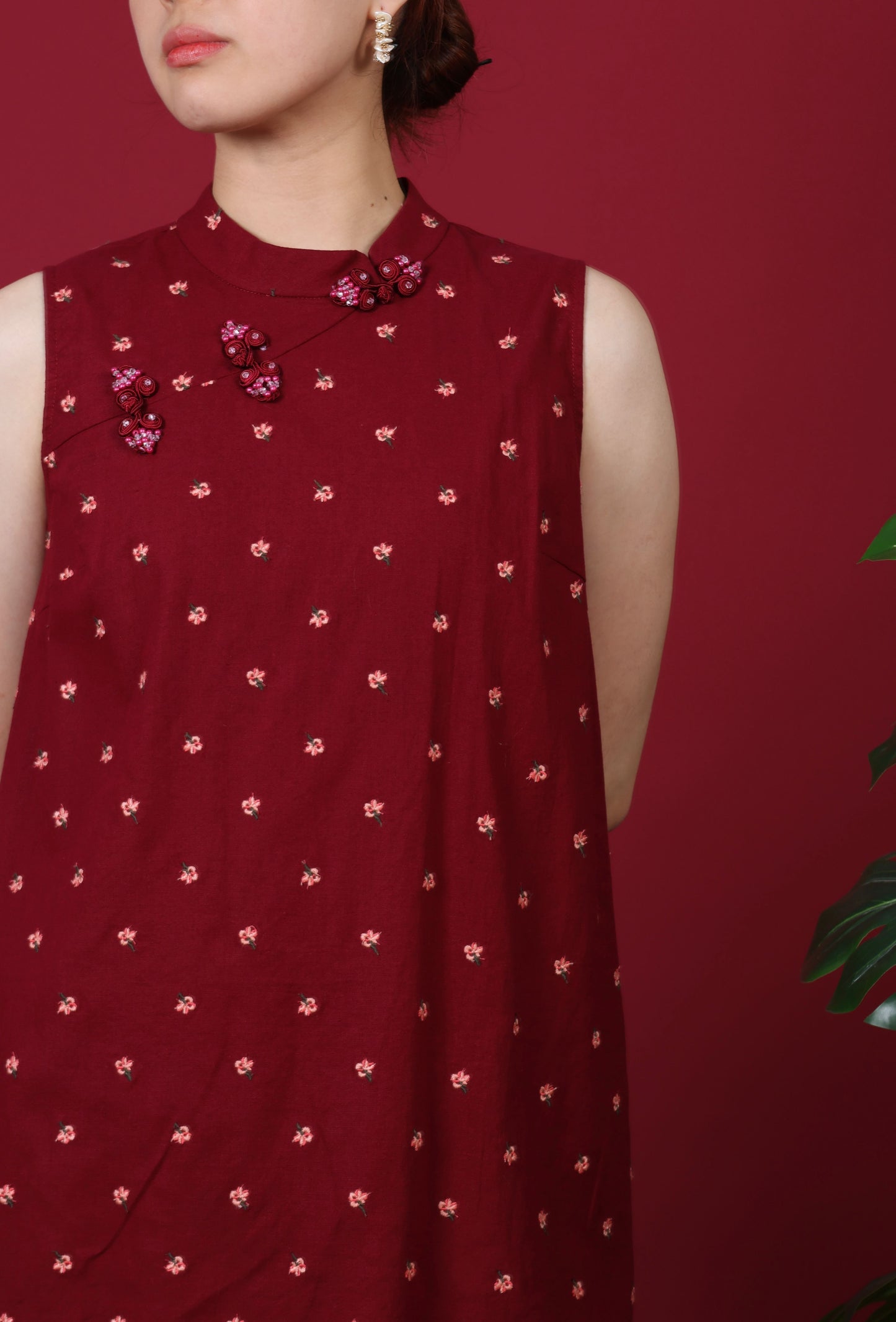 Floral Embroidered Mandarin Collar Mini Dress