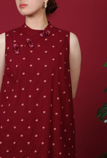 Floral Embroidered Mandarin Collar Mini Dress