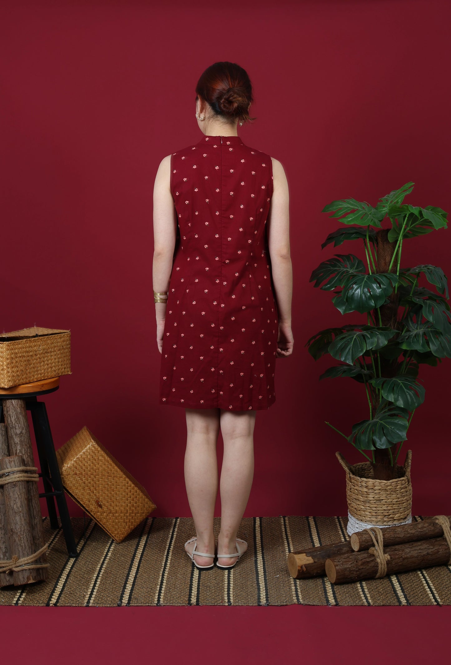 Floral Embroidered Mandarin Collar Mini Dress