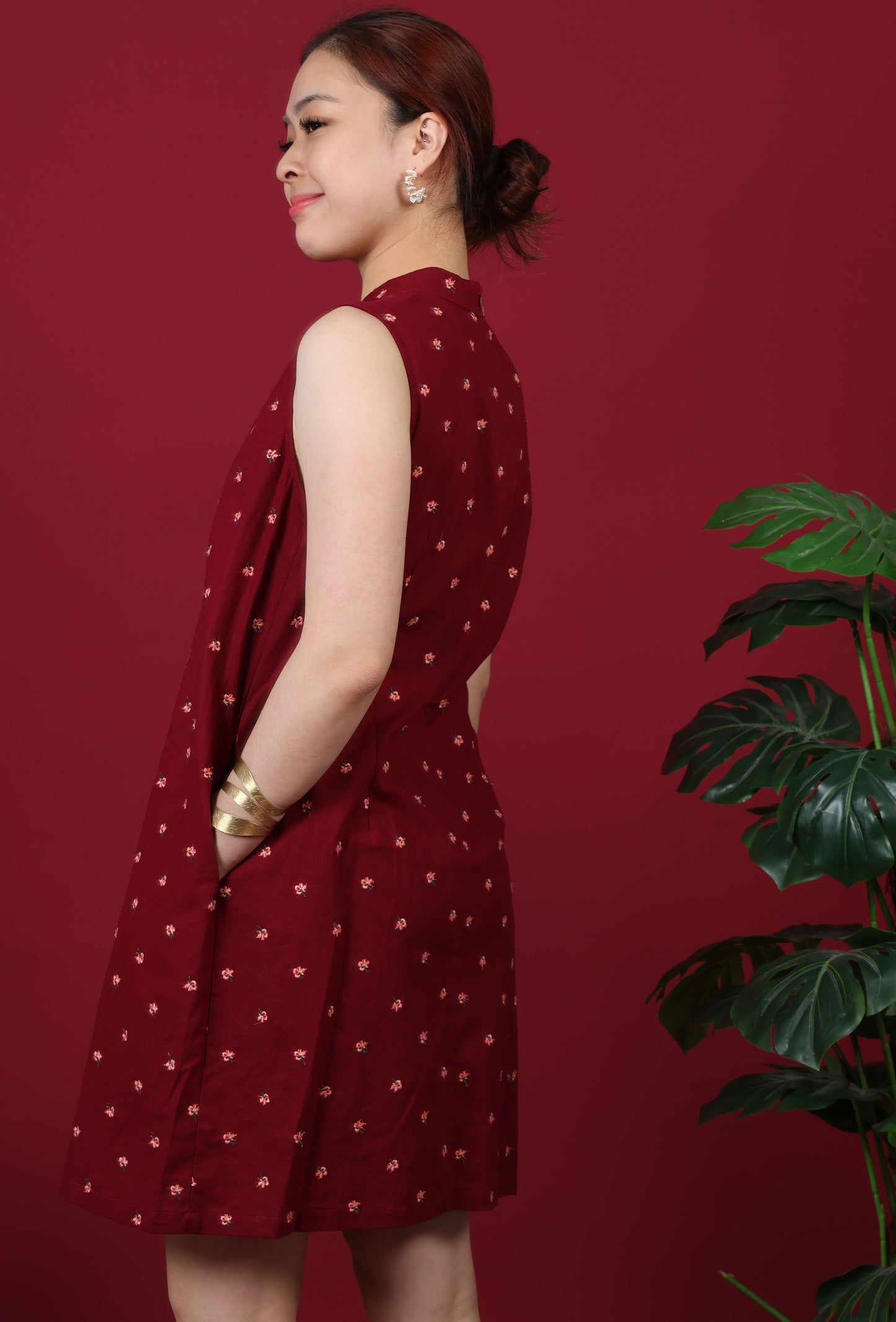 Floral Embroidered Mandarin Collar Mini Dress