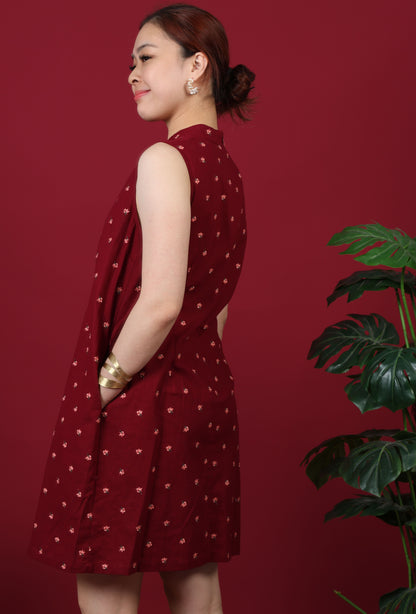 Floral Embroidered Mandarin Collar Mini Dress