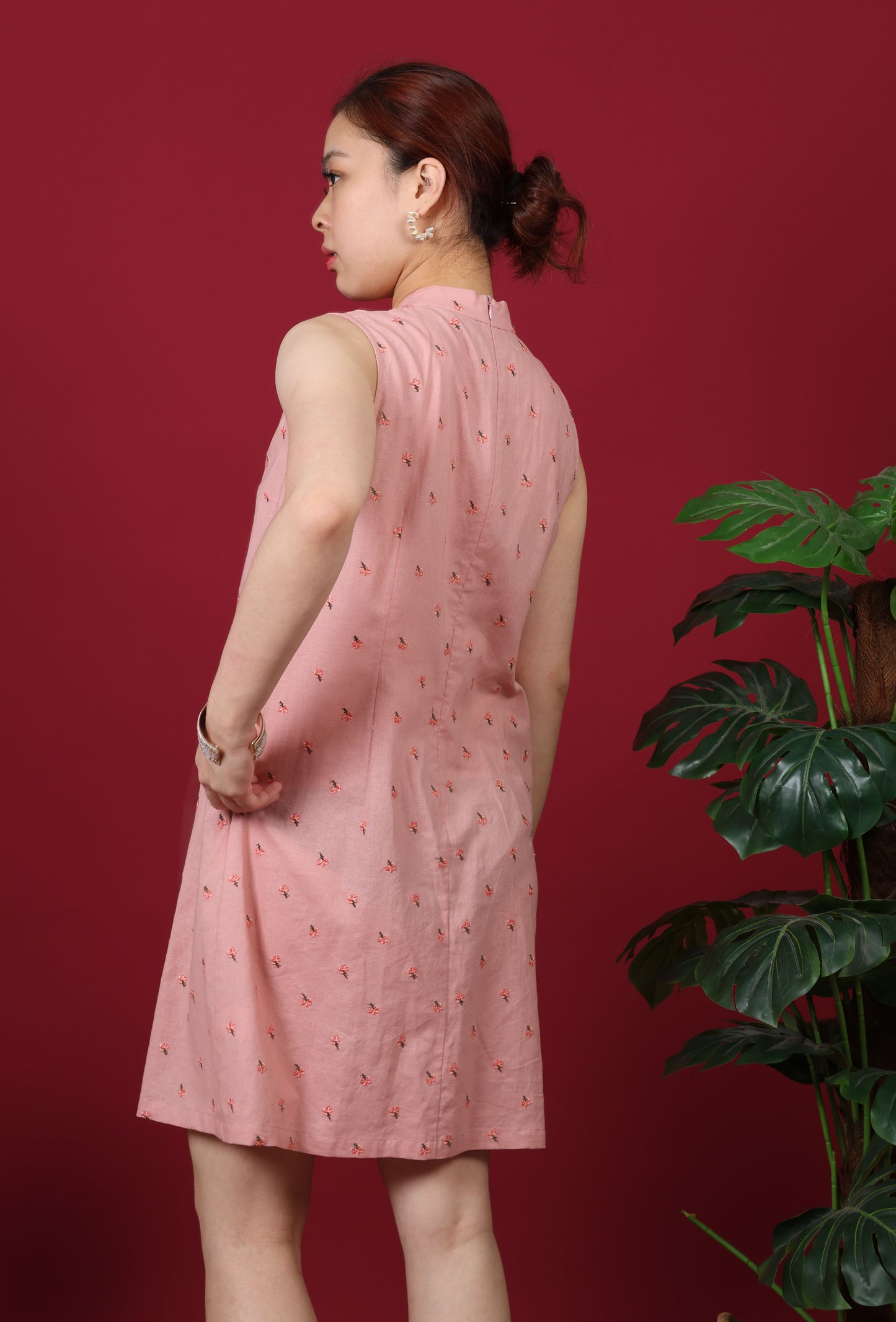 Floral Embroidered Mandarin Collar Mini Dress