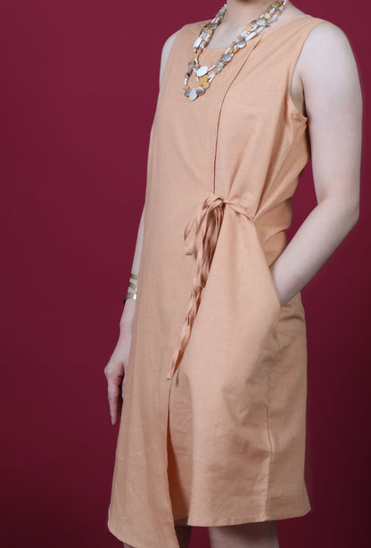 Round Neck With Front Tie Ribbon Sleeveless Dress