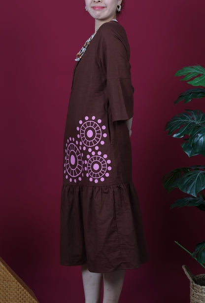 Mandarin Collar With Lace Print Slash Sleeve Dress