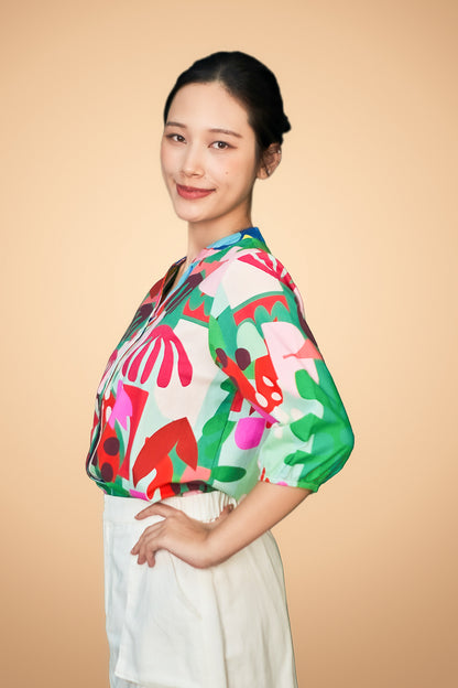 Printed Button Short Sleeve Top