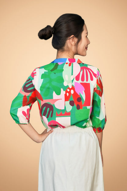 Printed Button Short Sleeve Top
