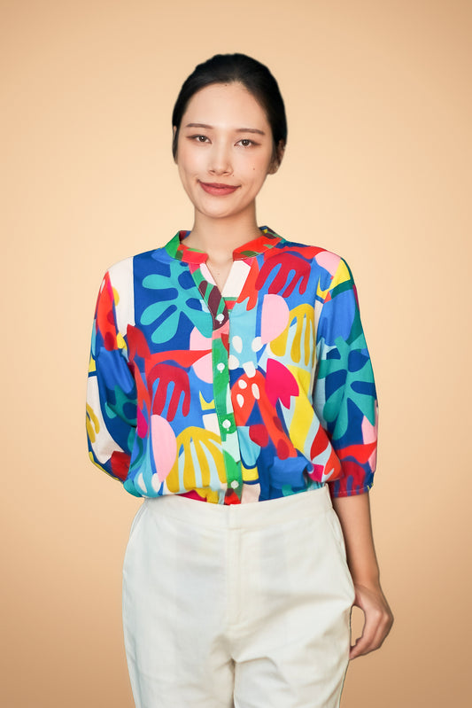 Printed Button Short Sleeve Top