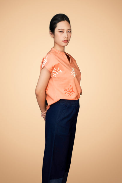 Coral Printed Capped Sleeve Top
