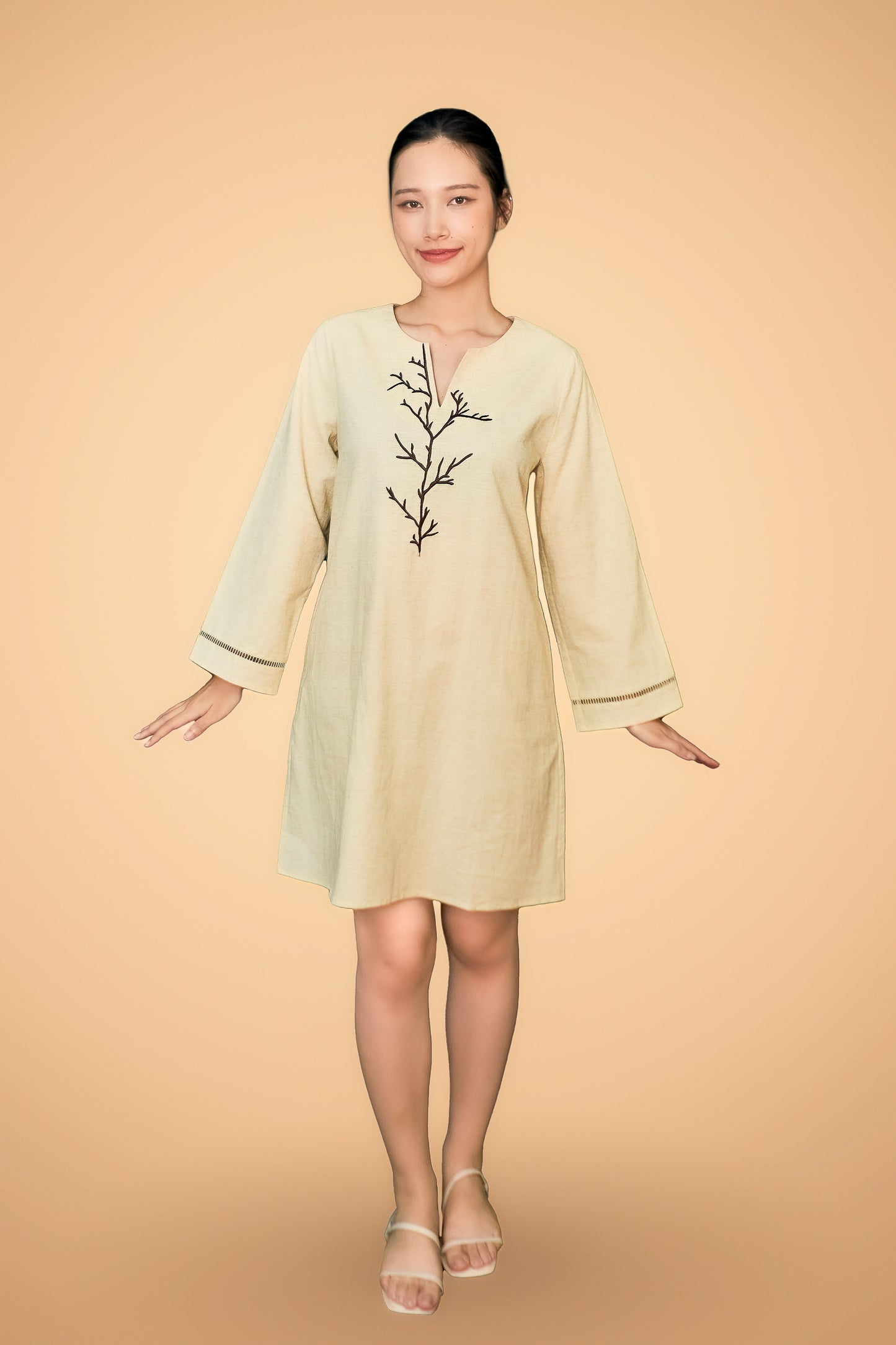Embroidered Long Sleeve Short Dress