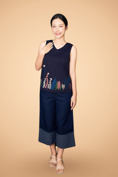 Embroidered Sleeveless V Neck Top