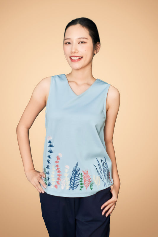 Embroidered Sleeveless V Neck Top