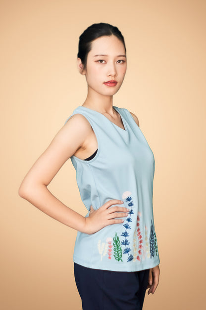 Embroidered Sleeveless V Neck Top
