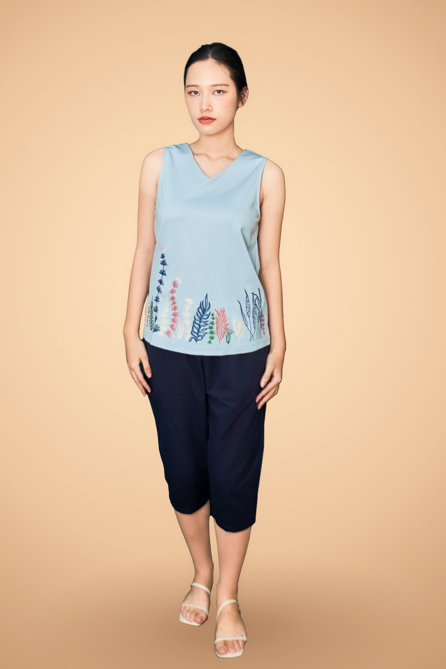 Embroidered Sleeveless V Neck Top