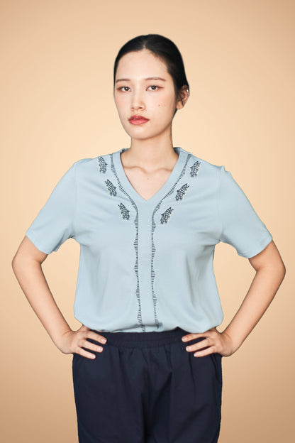 Embroidered Short Sleeve V Neck Top