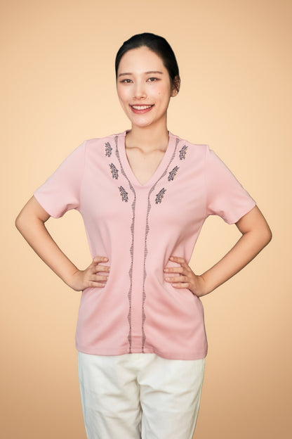 Embroidered Short Sleeve V Neck Top