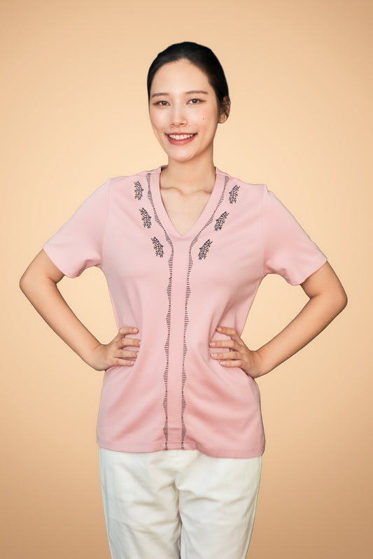 Embroidered Short Sleeve V Neck Top