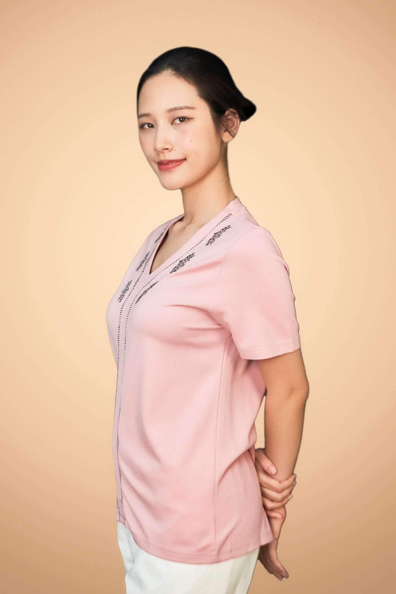 Embroidered Short Sleeve V Neck Top
