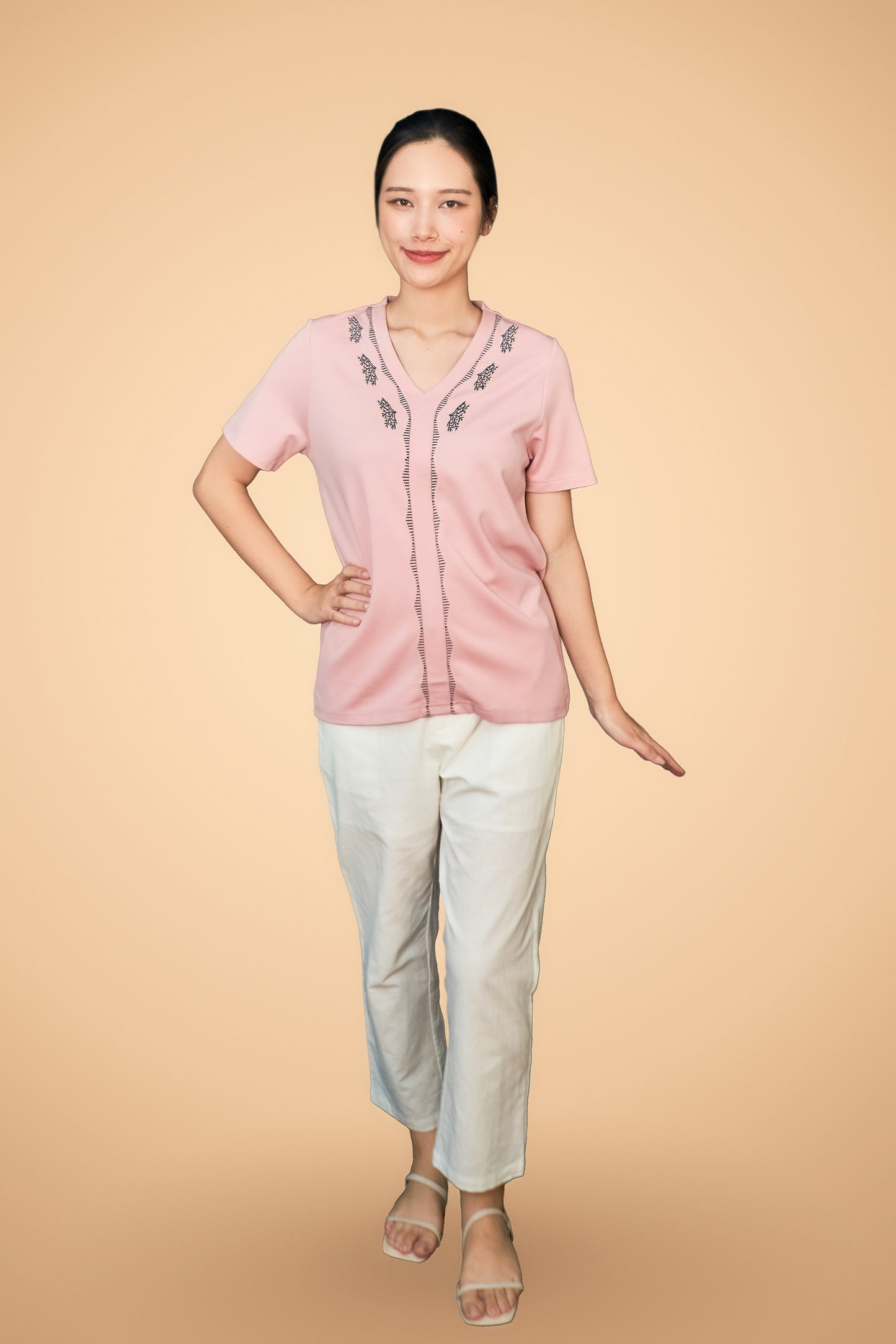 Embroidered Short Sleeve V Neck Top